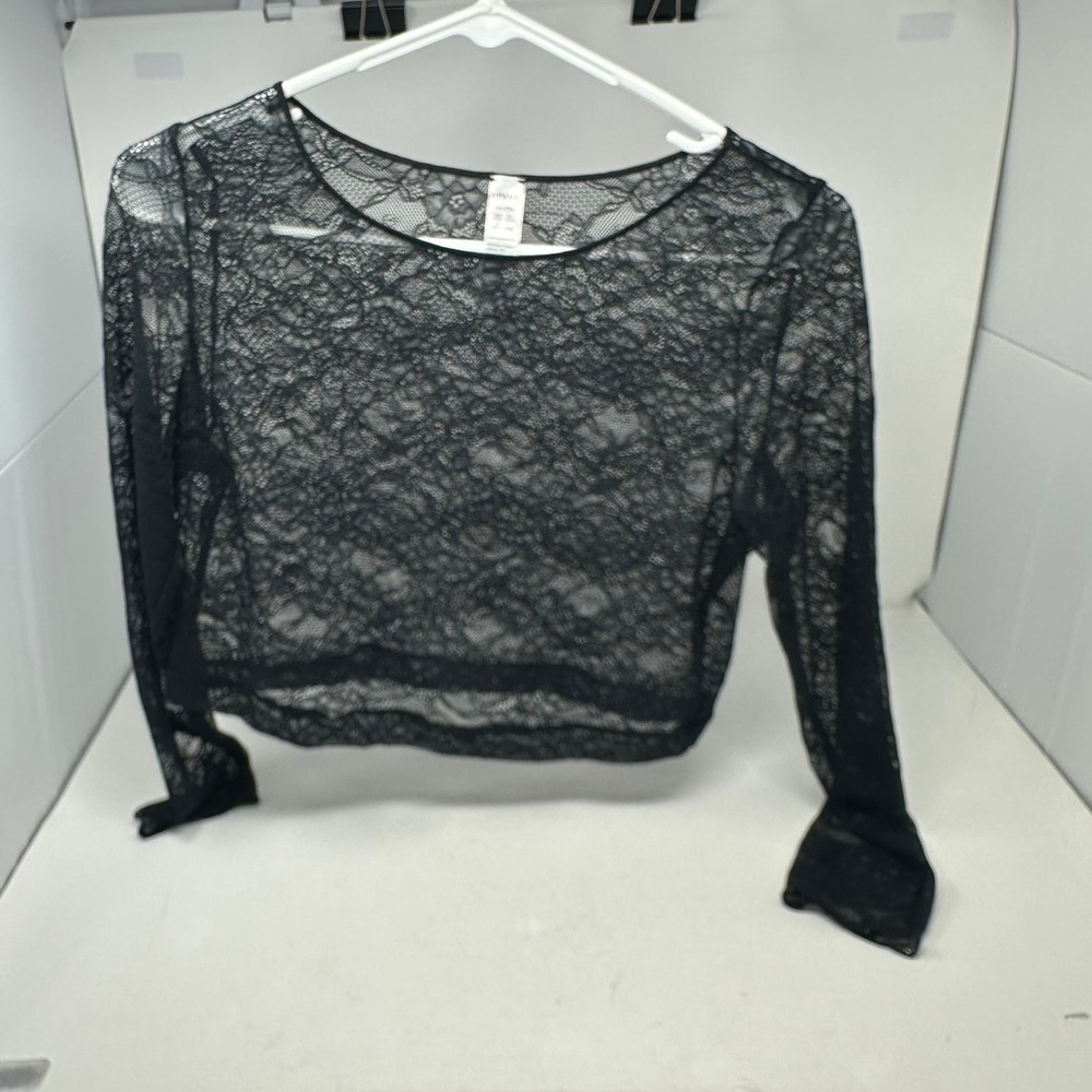 Spanx Top Women 1XL Black Sheer Fashion Floral Lace Crop Long Sleeve Layering